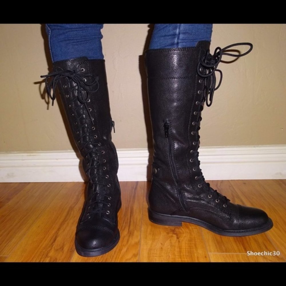 NWT LUCKY black high leather riding combat Boots